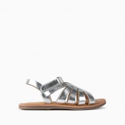 LEATHER SANDALS FOR GIRLS, SILVER