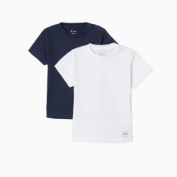 2 Plain T-Shirts For Baby Boy, White/Dark Blue