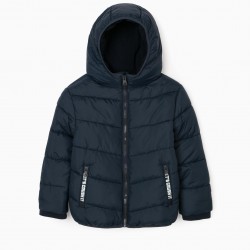 BOY'S QUILTED HOODED JACKET, DARK BLUE