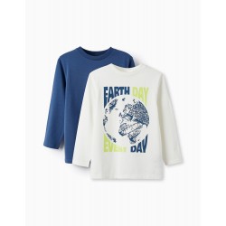 PACK OF 2 COTTON T-SHIRTS FOR BOYS 'EARTH DAY', WHITE/DARK BLUE