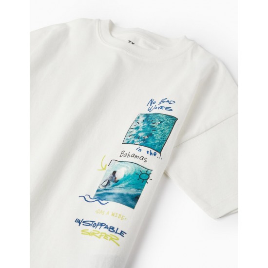 COTTON T-SHIRT FOR BOYS 'NO BAD WAVES', WHITE