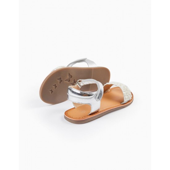 GIRLS' LEATHER SANDALS WITH SEQUINS, WHITE/SILVER