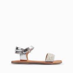GIRLS' LEATHER SANDALS WITH SEQUINS, WHITE/SILVER