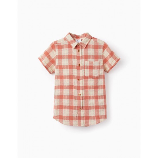 COTTON SHIRT WITH PLAID FOR BOYS, BEIGE/SALMON