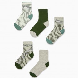 PACK 5 PAIRS OF COTTON SOCKS FOR BOY 'DINOSAURS', GREY/GREEN