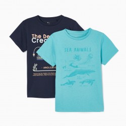 PACK 2 COTTON T-SHIRTS FOR BOY 'SEA ANIMALS', WATER GREEN/DARK BLUE