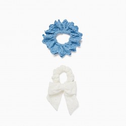 PACK 2 ELASTIC SCRUNCHIE WITH ENGLISH EMBROIDERY FOR BABY AND GIRL, BLUE/WHITE