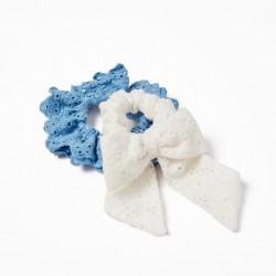 PACK 2 ELASTIC SCRUNCHIE WITH ENGLISH EMBROIDERY FOR BABY AND GIRL, BLUE/WHITE