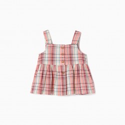 TOP WITH PLAID COTTON STRAPS FOR BABY GIRL, PINK