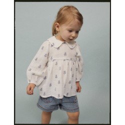COTTON EMBROIDERY SHIRT FOR BABY GIRL, WHITE/DARK BLUE