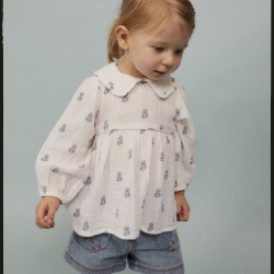 COTTON EMBROIDERY SHIRT FOR BABY GIRL, WHITE/DARK BLUE