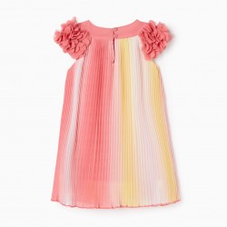 PLEATED DRESS WITH FLOWERS FOR BABY GIRLS, PINK/YELLOW