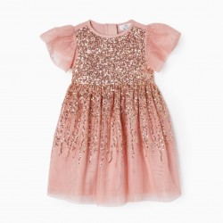 TULLE SEQUINED DRESS FOR BABY GIRL, PINK/GOLD