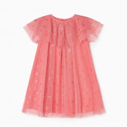 TULLE DRESS WITH FLOWER PRINT FOR BABY GIRL, PINK