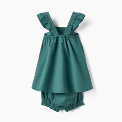 DRESS AND DIAPER COVER IN COTTON AND LINEN FOR BABY GIRL, GREEN