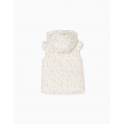 VEST WITH STUFFING AND HOOD FOR BABY GIRL 'FLOWERS AND BUTTERFLIES', BEIGE
