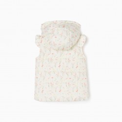 VEST WITH STUFFING AND HOOD FOR BABY GIRL 'FLOWERS AND BUTTERFLIES', BEIGE