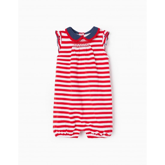 STRIPED COTTON PIQUÉ JUMPSUIT FOR BABY GIRL, WHITE/RED