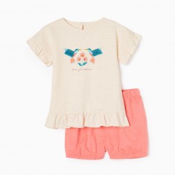 T-SHIRT + COTTON SHORTS SET FOR BABY GIRL 'BIRDS', BEIGE/CORAL