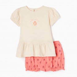T-SHIRT + COTTON SHORTS SET FOR BABY GIRL 'FLOWERS', BEIGE/CORAL