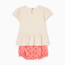 T-SHIRT + COTTON SHORTS SET FOR BABY GIRL 'FLOWERS', BEIGE/CORAL