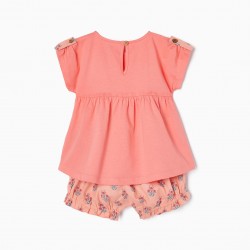 SET OF 3 GARMENTS WITH FLORAL MOTIF FOR BABY GIRL, CORAL