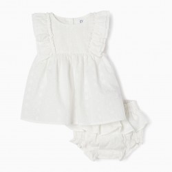 DRESS + COTTON DIAPER COVER WITH ENGLISH EMBROIDERY FOR BABY GIRL, WHITE