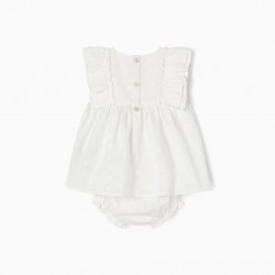 DRESS + COTTON DIAPER COVER WITH ENGLISH EMBROIDERY FOR BABY GIRL, WHITE