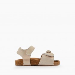 LEATHER SANDALS WITH BOW FOR BABY GIRL, BEIGE