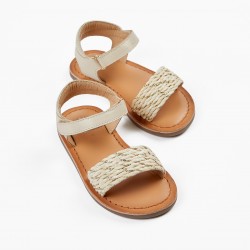 LEATHER SANDALS WITH ROPE FOR BABY GIRL, BEIGE/GOLD