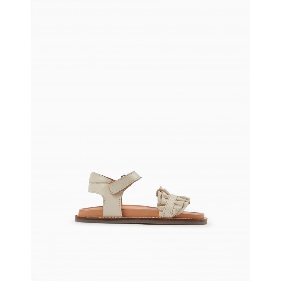 RUFFLED LEATHER SANDALS FOR BABY GIRL, BEIGE