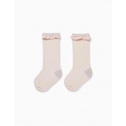 HIGH STOCKINGS WITH LACE AND LUREX FOR BABY GIRL, PINK