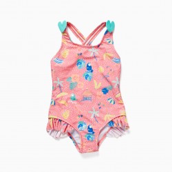 80 UV PROTECTION SWIMSUIT FOR BABY GIRL 'TROPICAL', CORAL