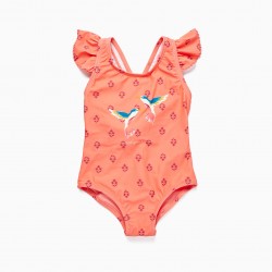 SWIMSUIT WITH HUMMINGBIRDS UV PROTECTION 80 FOR BABY GIRL, CORAL