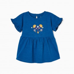 COTTON T-SHIRT WITH FLOWER EMBROIDERY FOR BABY GIRL, BLUE