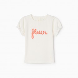 COTTON T-SHIRT FOR GIRL 'FLOWER', WHITE/CORAL