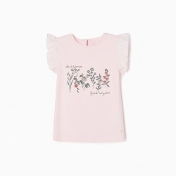 T-SHIRT WITH SLEEVE WITH COTTON RUFFLES FOR GIRL 'FLOWERS', PINK