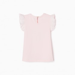 T-SHIRT WITH SLEEVE WITH COTTON RUFFLES FOR GIRL 'FLOWERS', PINK