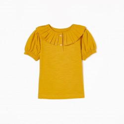 COTTON T-SHIRT WITH PLEATED COLLAR FOR BABY GIRL, YELLOW