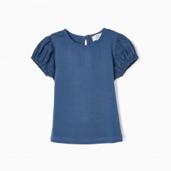 COTTON T-SHIRT WITH ENGLISH EMBROIDERY FOR BABY GIRL, BLUE