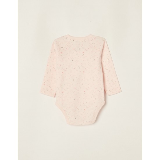 4 LONG SLEEVE BABY GIRL BODIES 'CLOUDS & STARS', WHITE/PINK