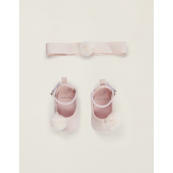 BALLERINAS + HAIR RIBBON WITH POMPONS FOR NEWBORN, PINK
