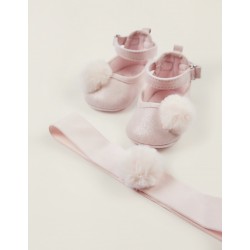 BALLERINAS + HAIR RIBBON WITH POMPONS FOR NEWBORN, PINK