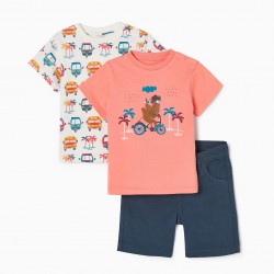 SET OF 2 T-SHIRTS + 1 COTTON SHORTS FOR BABY CHILD 'INDIA', MULTICOLORED