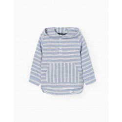 STRIPED SHIRT WITH HOOD FOR BABY BOY, WHITE/BLUE