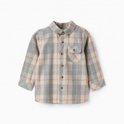 CHECKERED COTTON SHIRT FOR BABY BOYS 'B&S', GREY/BEIGE