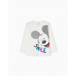 COTTON LONG SLEEVE T-SHIRT FOR BABY BOY 'HAPPY MICKEY', WHITE