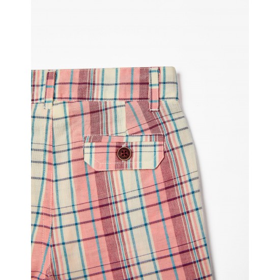 CHECKERED COTTON SHORTS FOR BABY BOY, PINK/BEIGE