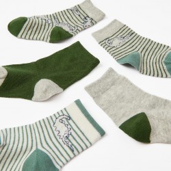 PACK 5 PAIRS OF BABY COTTON SOCKS BOY 'DINOSAURS', GREY/GREEN