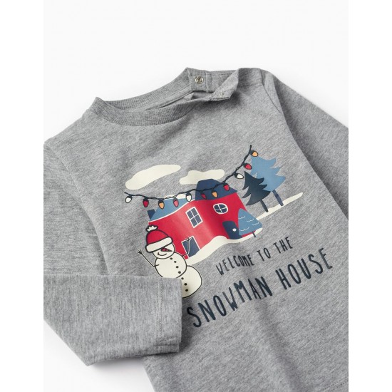 COTTON T-SHIRT FOR BABY BOYS 'SNOWMAN HOUSE', GRAY